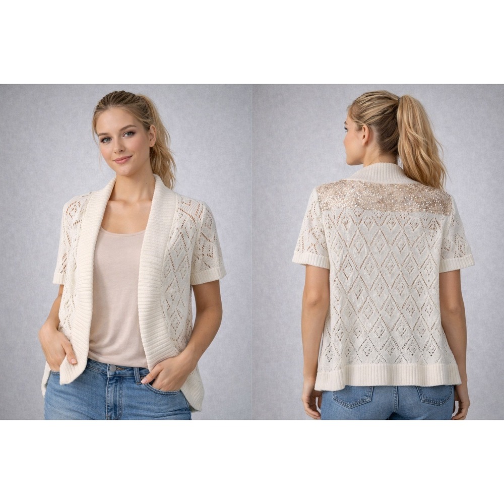 AB Studio Pointelle Knit‎ Shrug Womens Small Cream Excellent Cottagecore Boho